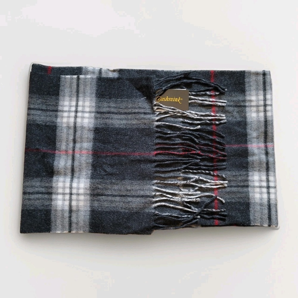 V. Fraas Cashmink Plaid Scarf - Made in Germany - Charcoal/Grey/Red